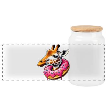 funny eye candy - giraffe with donut - Panoramic Cookie Jar with Wooden Lid - white - Front