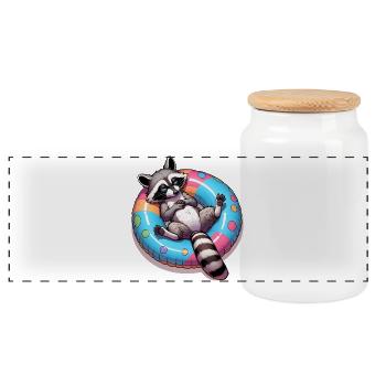 A relaxed raccoon on a swimming ring - Panoramic Cookie Jar with Wooden Lid - white - Front