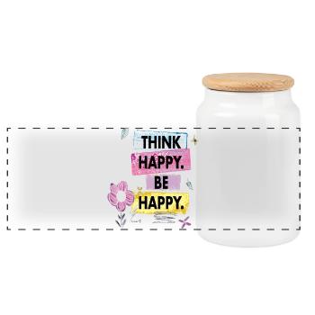 Think Happy, Be Happy - Panorama Keksdose mit Holzdeckel - Weiß - Vorne