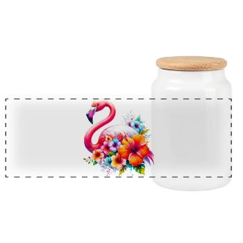 Flamingo verziert mit Hibiskusblüten - Panorama Keksdose mit Holzdeckel - Weiß - Vorne