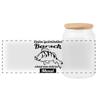 Angler Motiv mit Barsch - Panorama Keksdose mit Holzdeckel - Weiß - Vorne