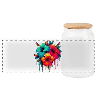 Hibiscus Flowers - Panoramic Cookie Jar with Wooden Lid - white - Front