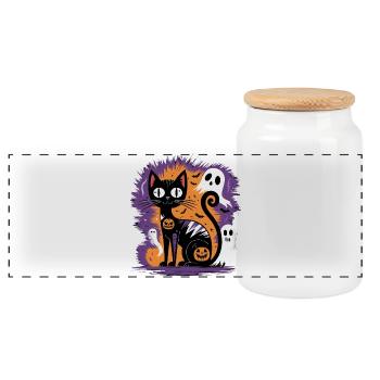 Chat d’Halloween effrayant - Boîte à biscuits avec couvercle en bois - blanc - Devant