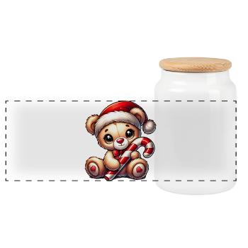 Teddy bear with candy cane – Sweet Christmas design - Panoramic Cookie Jar with Wooden Lid - white - Front