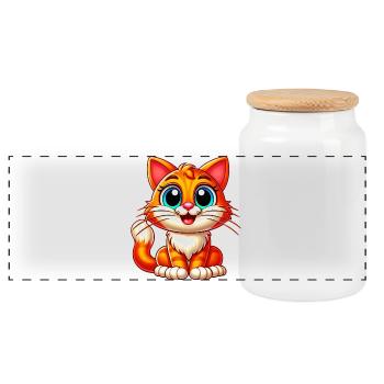 Cat - Panoramic Cookie Jar with Wooden Lid - white - Front