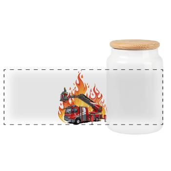 Fire brigade and flames - Panoramic Cookie Jar with Wooden Lid - white - Front