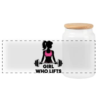 Bodybuilder Gym Girl Barbell Power Beauty - Panoramic Cookie Jar with Wooden Lid - white - Front