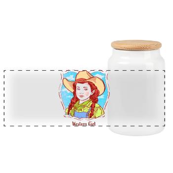 Western Girl Portrait in Pop Comic - Panoramic Cookie Jar with Wooden Lid - white - Front