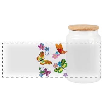 Blossoms, Flowers, Butterfly - Panoramic Cookie Jar with Wooden Lid - white - Front