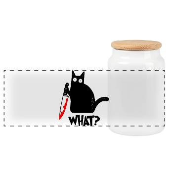 Playful Cat with Milk Cartoon Design - Panoramic Cookie Jar with Wooden Lid - white - Front
