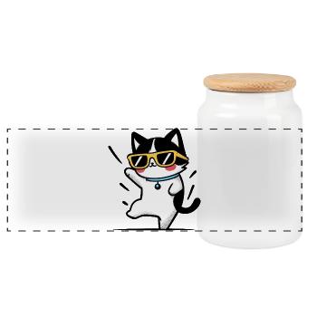 Cool Cat with Yellow Glasses - Panoramic Cookie Jar with Wooden Lid - white - Front
