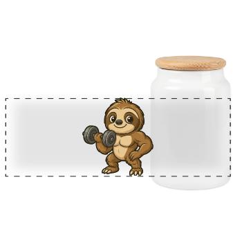 Cute Sloth Fitness Dumbbell Workout Cartoon - Panoramic Cookie Jar with Wooden Lid - white - Front