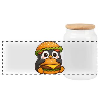Süßer Pinguin mit Hamburger Cheeseburger Fast Food - Panorama Keksdose mit Holzdeckel - Weiß - Vorne
