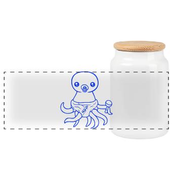 Oktopus Baby Rassel Windel Schnuller Kind geboren - Panorama Keksdose mit Holzdeckel - Weiß - Vorne