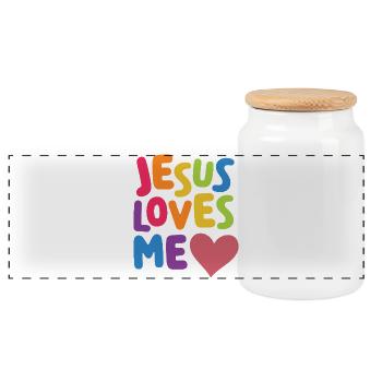 LGBTQ Pride Month - Jesus Loves Me - Panoramic Cookie Jar with Wooden Lid - white - Front