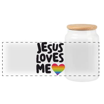 LGBTQ Pride Month - Jesus Loves Me - Panoramic Cookie Jar with Wooden Lid - white - Front