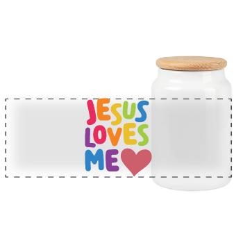 LGBT Pride Month - Jesus Loves Me - Panoramic Cookie Jar with Wooden Lid - white - Front