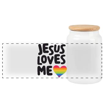 LGBT Pride Month - Jesus Loves Me - Panoramic Cookie Jar with Wooden Lid - white - Front