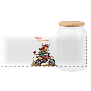 Motocross Stier - Panorama Keksdose mit Holzdeckel - Weiß - Vorne