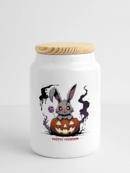 Obsessively sweet – creepy bunny in the pumpkin - Panoramic Cookie Jar with Wooden Lid - white - Front