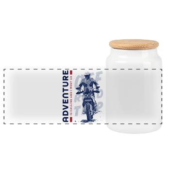 Adventuring motorcycle rider - Panoramic Cookie Jar with Wooden Lid - white - Front