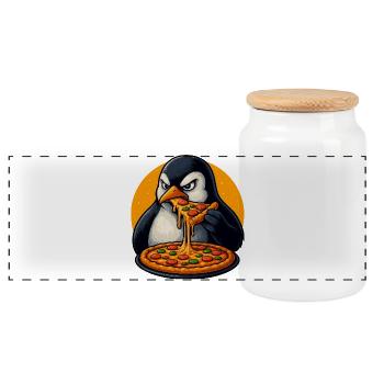 Cute Penguin Pizza Italian Food Cartoon - Panoramic Cookie Jar with Wooden Lid - white - Front