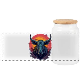 Futuristic bison at sunset - Panoramic Cookie Jar with Wooden Lid - white - Front