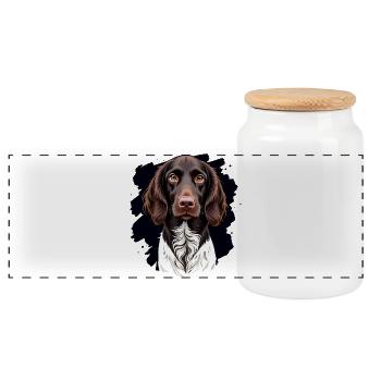 Petit Münsterlander sur fond noir - Boîte à biscuits avec couvercle en bois - blanc - Devant