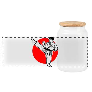 Karate Mae-Geri - Panoramic Cookie Jar with Wooden Lid - white - Front