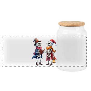 Christmas Skeletons with Hat and Book - Panoramic Cookie Jar with Wooden Lid - white - Front