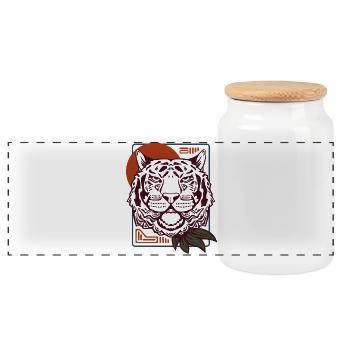Tigerkopf mit roter Sonne Geometrische Tierkunst - Panorama Keksdose mit Holzdeckel - Weiß - Vorne