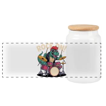 Batteur de dinosaure T-Rex punk rock - Percussions - Boîte à biscuits avec couvercle en bois - blanc - Devant