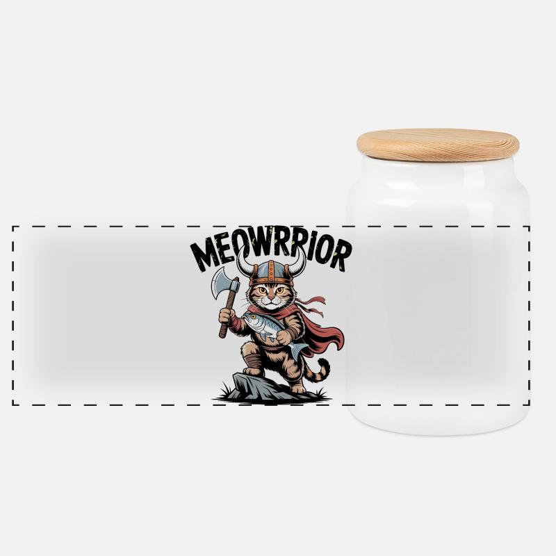 Meowrrior Viking Cat Warrior - Panoramic Cookie Jar with Wooden Lid - white