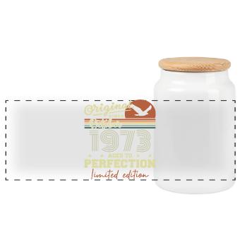 1973 October 1973 Birthday October 1973 - Panoramic Cookie Jar with Wooden Lid - white - Front