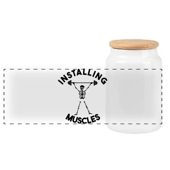 Funny Skeleton Gym–Installing Muscle Weightlifting - Panoramic Cookie Jar with Wooden Lid - white - Front