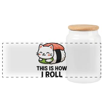 Cat Sushi Illustration - Panoramic Cookie Jar with Wooden Lid - white - Front