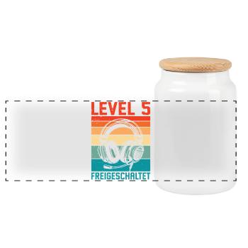5th Birthday Boys Gamer Level 5 Unlocked - Panoramic Cookie Jar with Wooden Lid - white - Front
