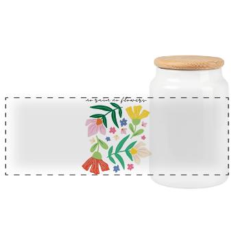No Rain No Flowers Floral Motif 🌼✨ - Panoramic Cookie Jar with Wooden Lid - white - Front