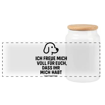 Motif de chien ludique avec un dicton affectueux - Boîte à biscuits avec couvercle en bois - blanc - Devant