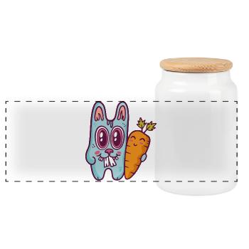 Blue doodle rabbit with carrot - Panoramic Cookie Jar with Wooden Lid - white - Front