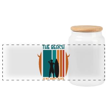 Beach Day Adventure with Surfer Silhouette - Panoramic Cookie Jar with Wooden Lid - white - Front