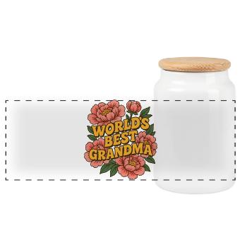 Floral 'World's Best Grandma' Illustration - Panoramic Cookie Jar with Wooden Lid - white - Front