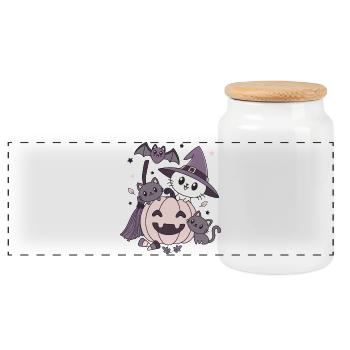 Halloween Kawaii Design Cats Bat Pumpkin - Panoramic Cookie Jar with Wooden Lid - white - Front