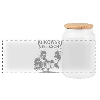 Bukowski and Nietzsche Beer Toast Design - Panoramic Cookie Jar with Wooden Lid - white - Front