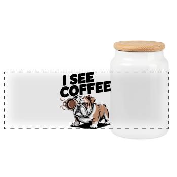I See Coffee Bulldog - Panoramic Cookie Jar with Wooden Lid - white - Front