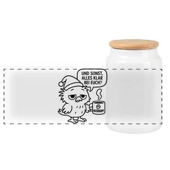Morgenmuffel Vogel_mit_Kaffeetasse_und_Sprechblase - Panorama Keksdose mit Holzdeckel - Weiß - Vorne
