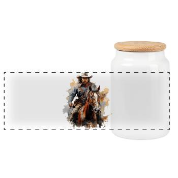 Cowboy on wild horse in watercolor style - Panoramic Cookie Jar with Wooden Lid - white - Front