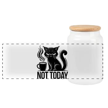 Annyoed Cat with Coffee, Love Cats  - Panoramic Cookie Jar with Wooden Lid - white - Front
