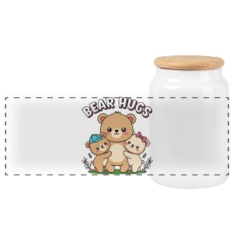 Adorable Bear Hugs Cartoon Design - Panoramic Cookie Jar with Wooden Lid - white - Front