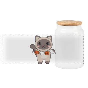 Chat siamois Joyeux Halloween Citrouille Fantôme Costume - Boîte à biscuits avec couvercle en bois - blanc - Devant